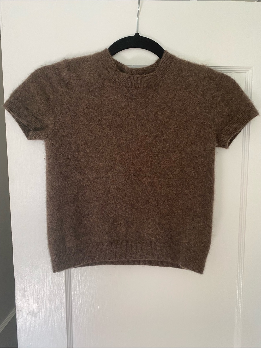 Quince Shrunken 100% Mongolian Cashmere Cap Sleeve Tee in Brown